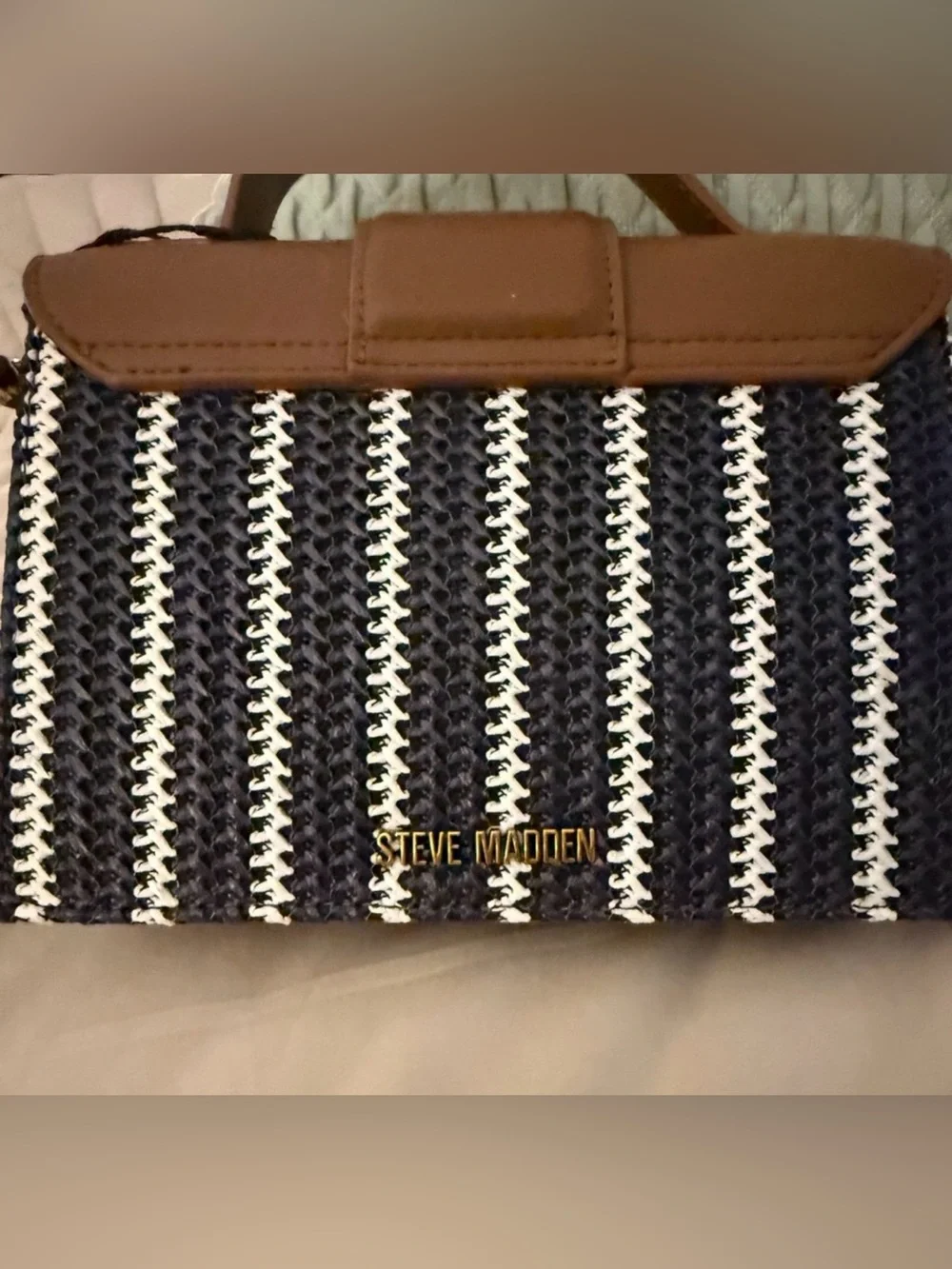 Steve Madden Tan and Black Striped Woven Top-Handle Satchel